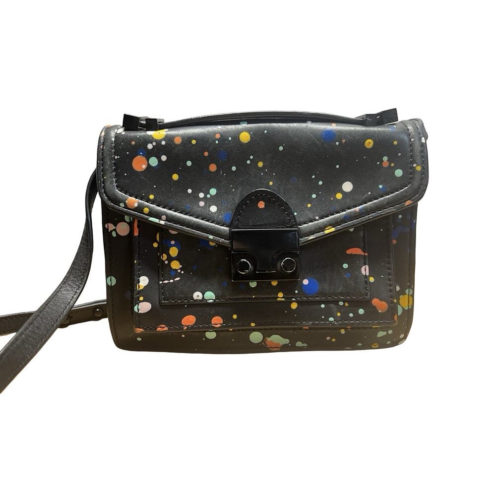 Loeffler Randall Splatter Paint Black Leather Mini Rider Crossbody Bag Purse